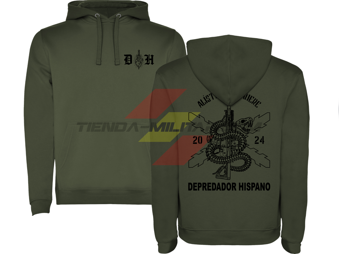 Sudadera militar con capucha VERDE MILITAR Alístate o Muere: delante el emblema DH y detrás la serpiente enroscada en un fusil con la Cruz de Borgoña y el lema en negro.