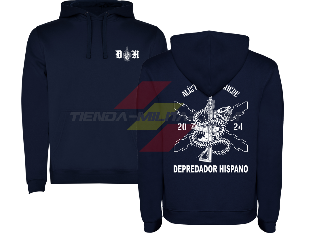 Sudadera militar con capucha AZUL MARINO Alístate o Muere: delante el emblema DH y detrás la serpiente enroscada en un fusil con la Cruz de Borgoña y el lema en blanco.