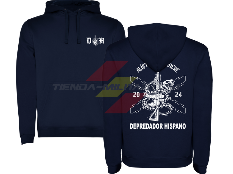 Sudadera militar con capucha AZUL MARINO Alístate o Muere: delante el emblema DH y detrás la serpiente enroscada en un fusil con la Cruz de Borgoña y el lema en blanco.