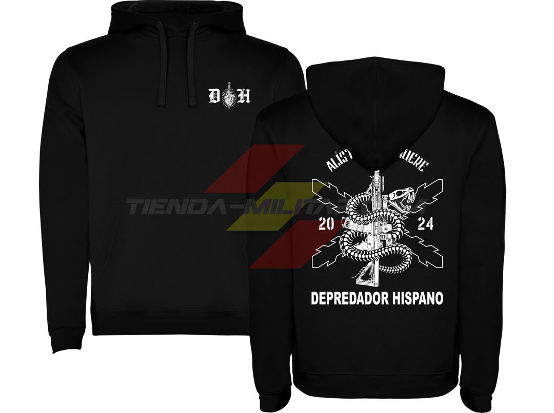 Sudadera militar con capucha NEGRA Alístate o Muere: delante el emblema DH y detrás la serpiente enroscada en un fusil con la Cruz de Borgoña y el lema en blanco.