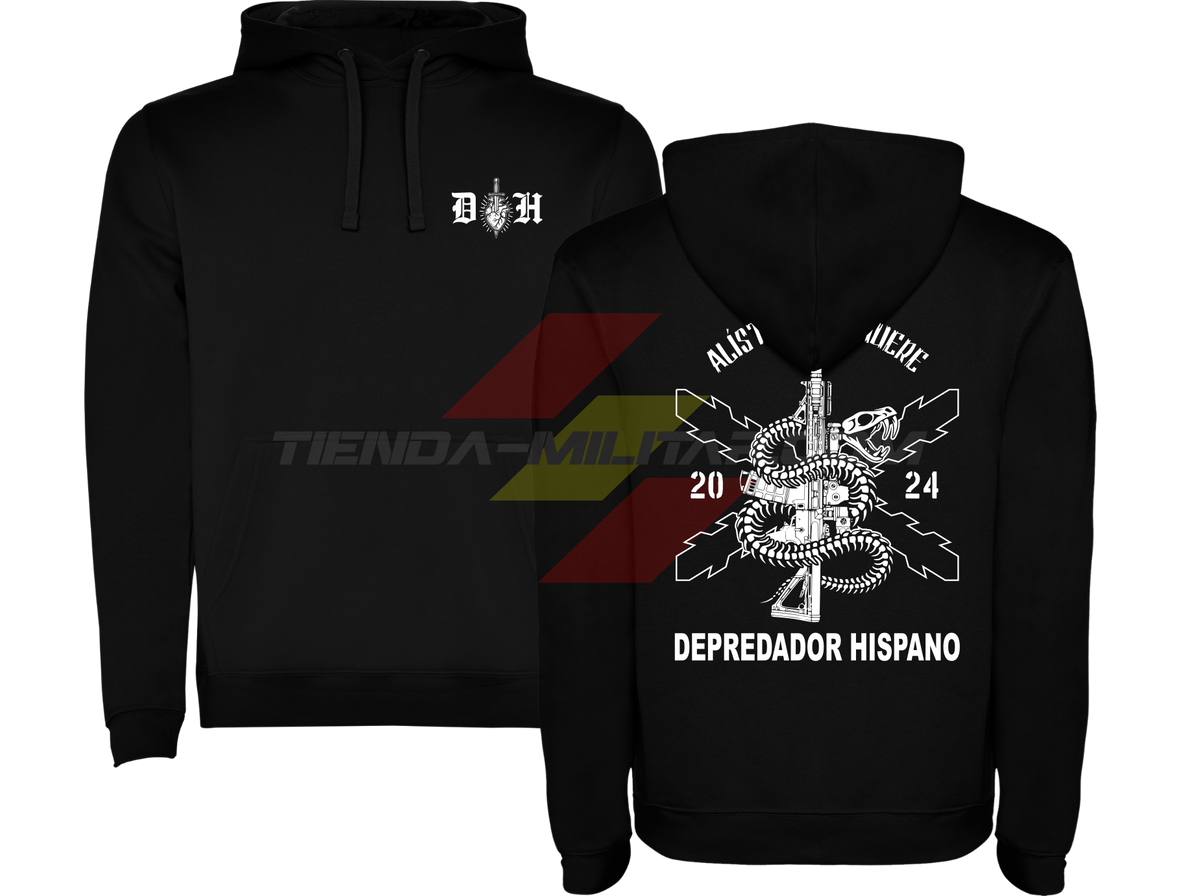Sudadera militar con capucha NEGRA Alístate o Muere: delante el emblema DH y detrás la serpiente enroscada en un fusil con la Cruz de Borgoña y el lema en blanco.