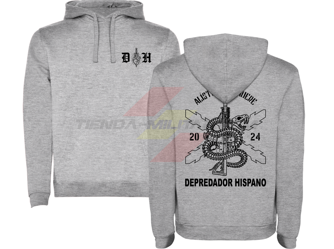 Sudadera militar con capucha GRIS VIGORE Alístate o Muere: delante el emblema DH y detrás la serpiente enroscada en un fusil con la Cruz de Borgoña y el lema en negro.