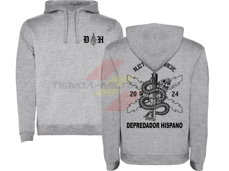 Sudadera militar con capucha GRIS VIGORE Alístate o Muere: delante el emblema DH y detrás la serpiente enroscada en un fusil con la Cruz de Borgoña y el lema en negro.
