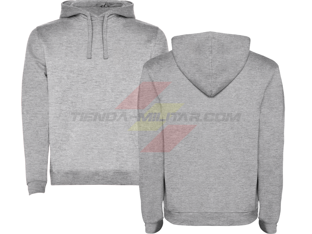 Sudadera militar personalizada con capucha Depredador Hispano - detalle logo bolsillo y espalda