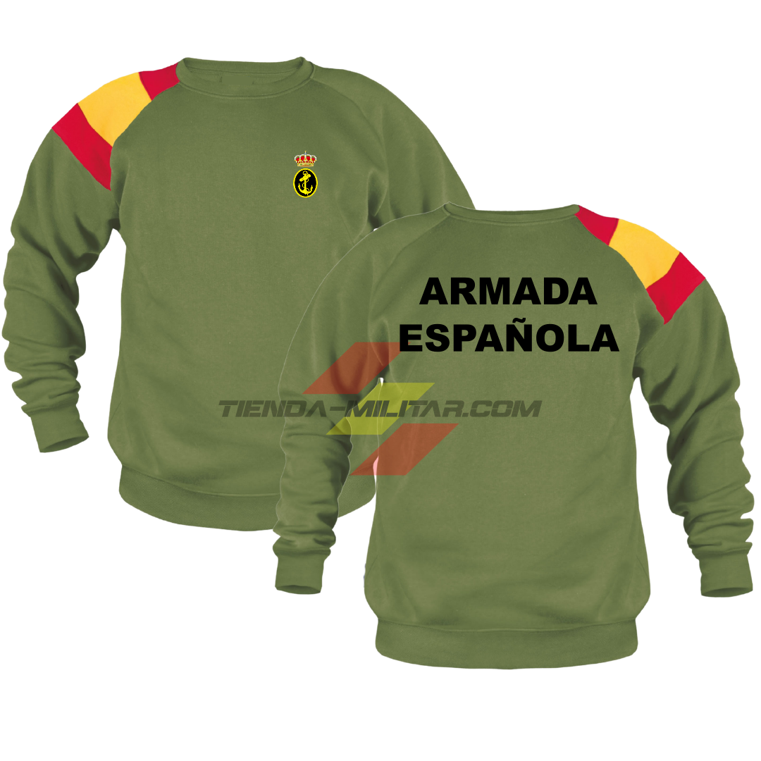 Sudadera militar Armada Española color verde militar con bandera de España en el hombro y escudo de la Armada - Depredador Hispano
