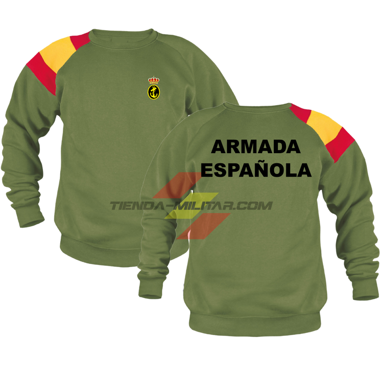 Sudadera militar Armada Española color verde militar con bandera de España en el hombro y escudo de la Armada - Depredador Hispano