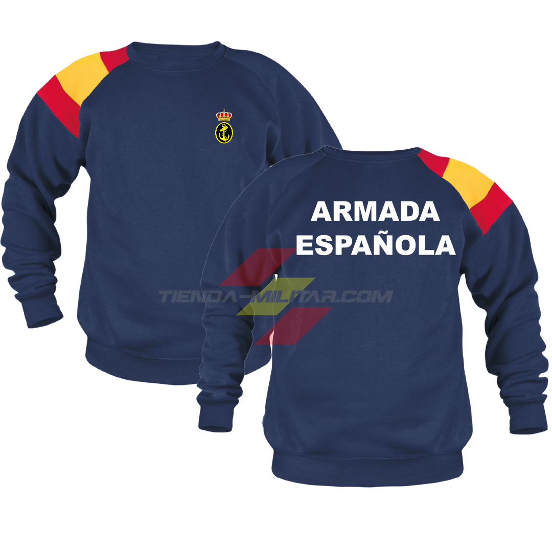 Sudadera militar Armada Española color azul marino con bandera de España en el hombro y escudo de la Armada - Depredador Hispano