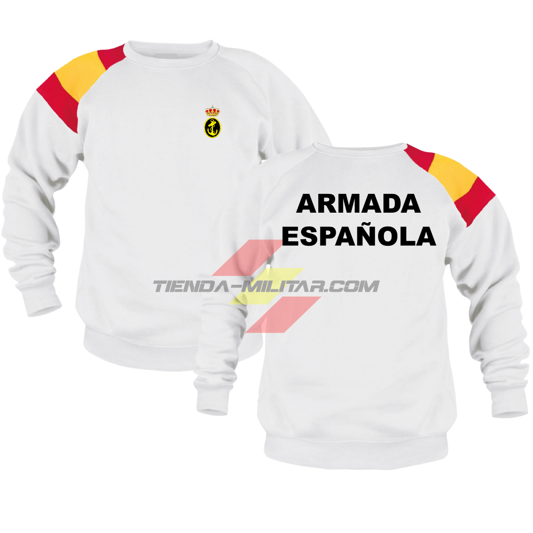 Sudadera militar Armada Española color blanco con bandera de España en el hombro y escudo de la Armada - Depredador Hispano