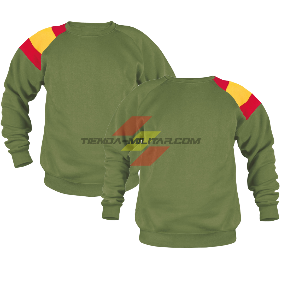 Sudadera militar personalizada verde militar con bandera de España bordada en el hombro, vista delantera y trasera