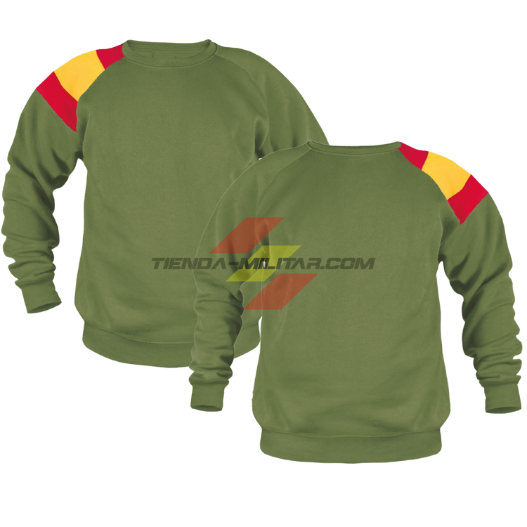 Sudadera militar personalizada verde militar con bandera de España bordada en el hombro, vista delantera y trasera