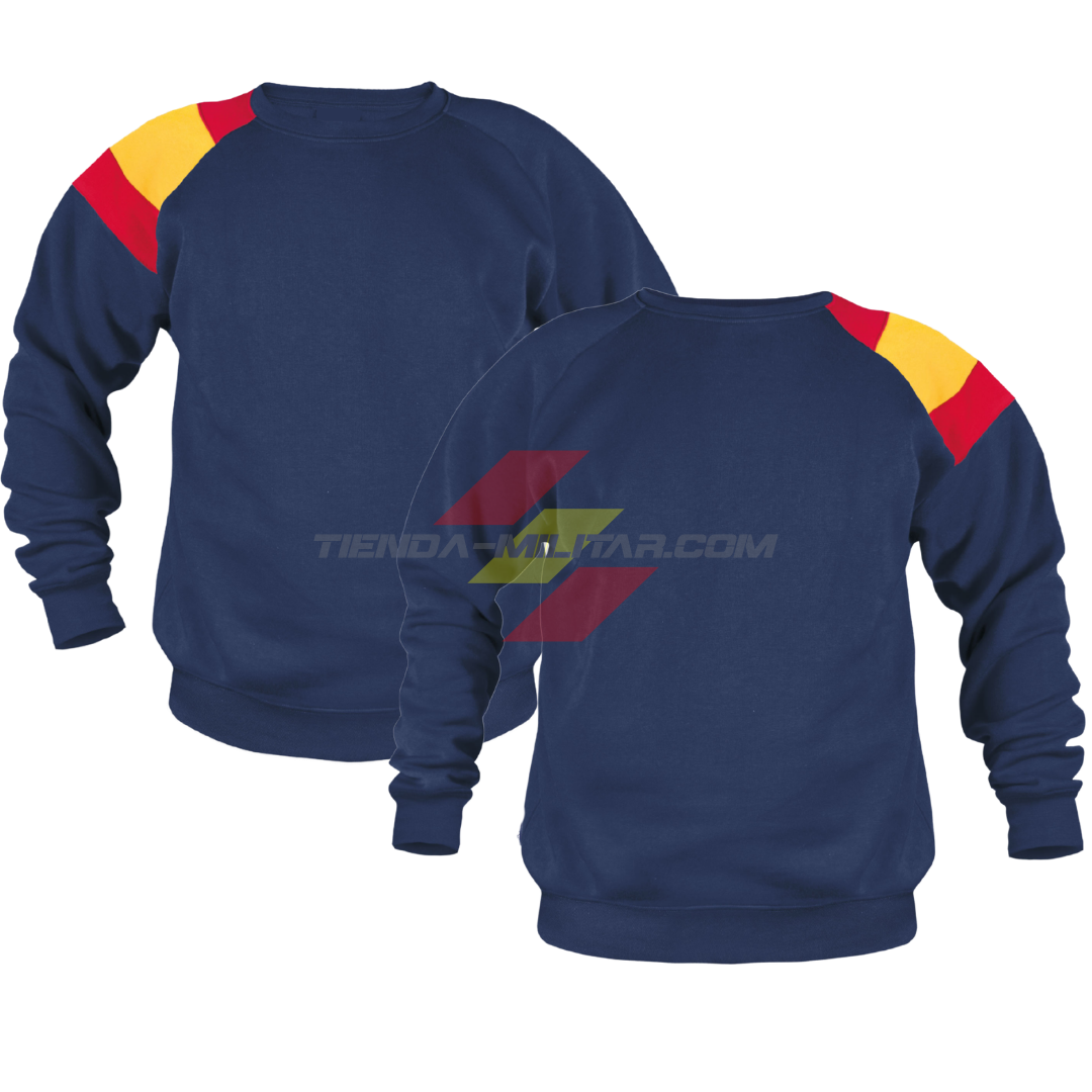 Sudadera militar personalizada azul marino con bandera de España bordada en el hombro, vista delantera y trasera