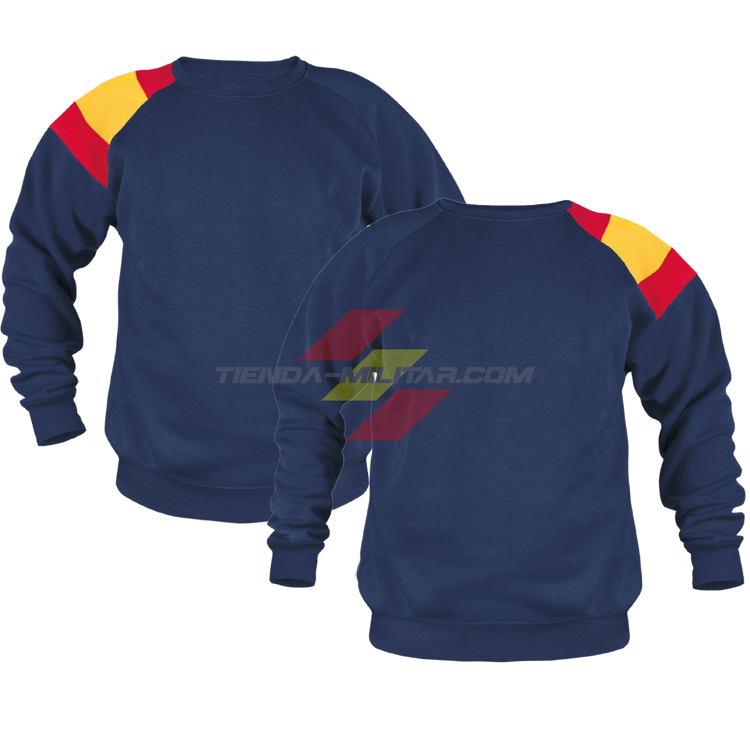 Sudadera militar personalizada azul marino con bandera de España bordada en el hombro, vista delantera y trasera
