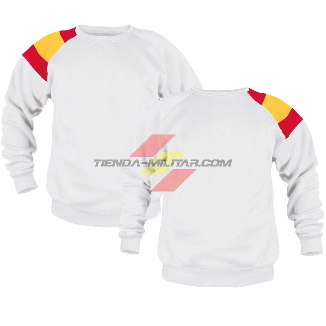 Sudadera militar personalizada blanca con bandera de España bordada en el hombro, vista delantera y trasera