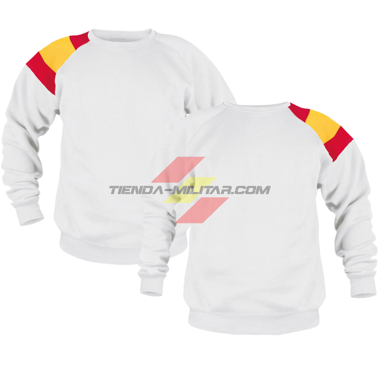 Sudadera militar personalizada blanca con bandera de España bordada en el hombro, vista delantera y trasera