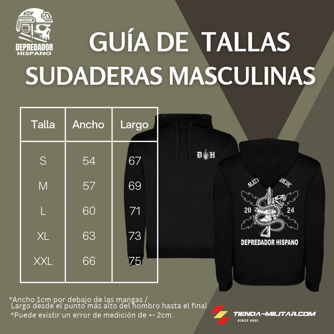 Guía de tallas de las sudaderas masculinas Depredador Hispano con el ancho y el largo en centímetros de la talla S a la XXL.