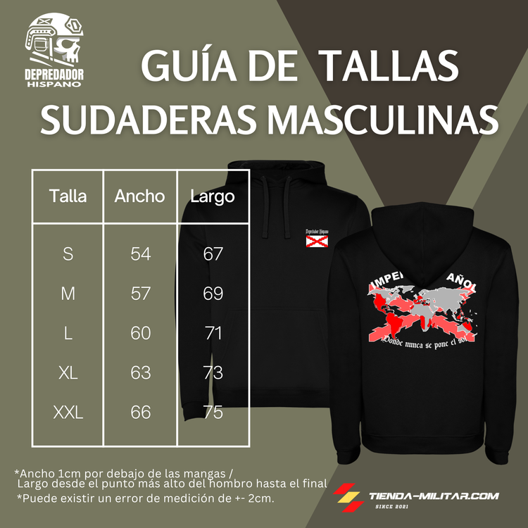 Guía de tallas de las sudaderas con capucha de Depredador Hispano, modelo Imperio Español.