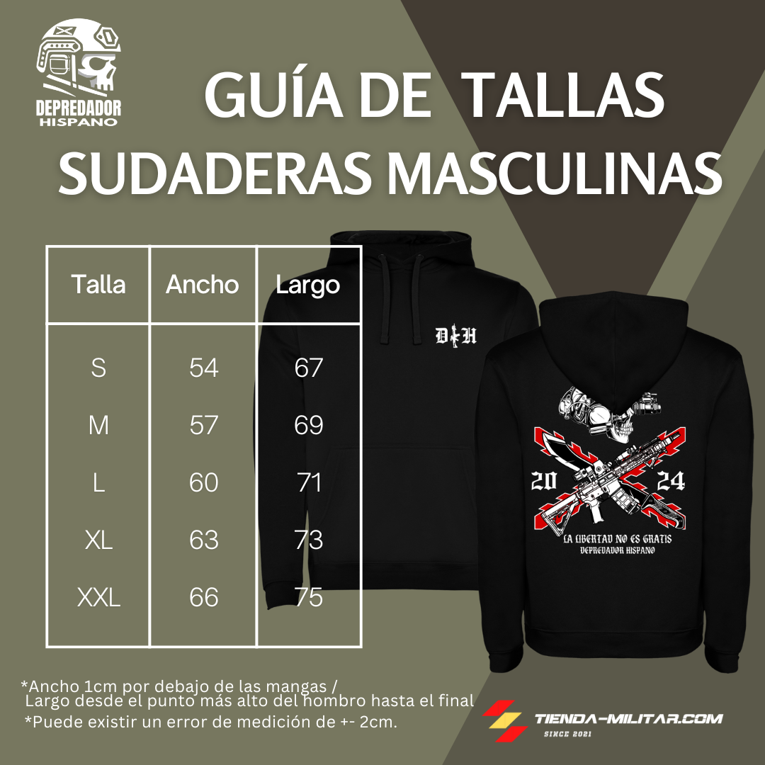 Guía de tallas de las sudaderas con capucha de Depredador Hispano, modelo La Libertad No Es Gratis.