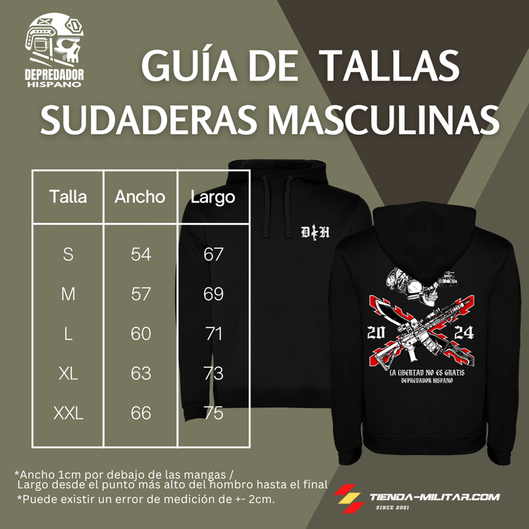 Guía de tallas de las sudaderas con capucha de Depredador Hispano, modelo La Libertad No Es Gratis.
