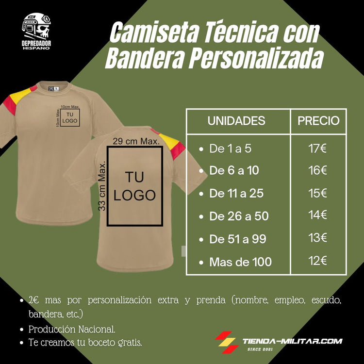 Tabla de precios por cantidad de camisetas militares personalizadas con bandera de España en el hombro