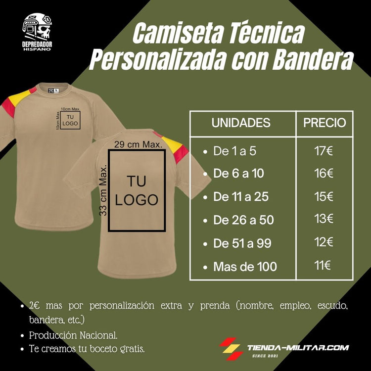 Tabla de precios por cantidad de camisetas militares personalizadas con bandera de España en el hombro