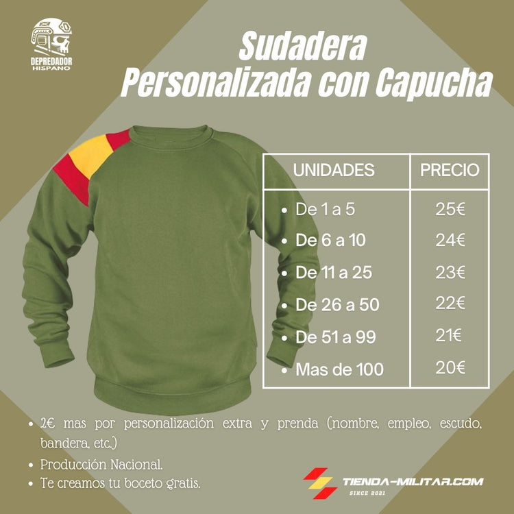 Tabla de precios por cantidad de la sudadera militar personalizada con bandera de España