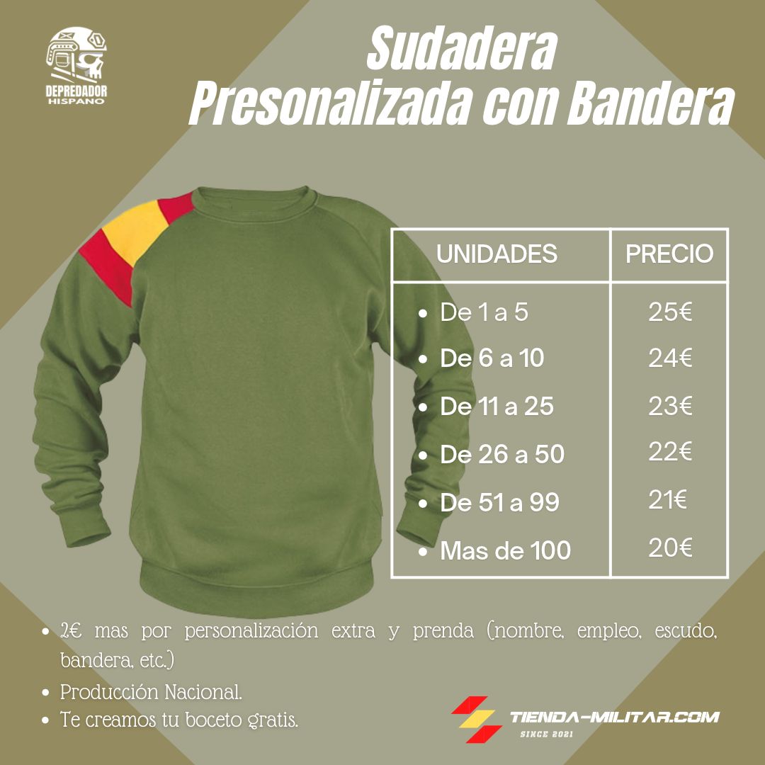 Tabla de precios por cantidad de la sudadera militar personalizada con bandera de España