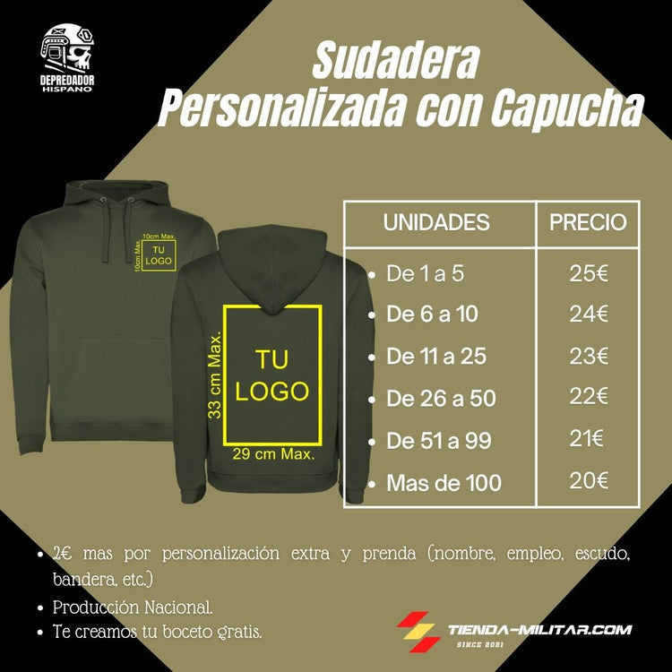 Tabla de precios por cantidad de la sudadera militar personalizada con capucha