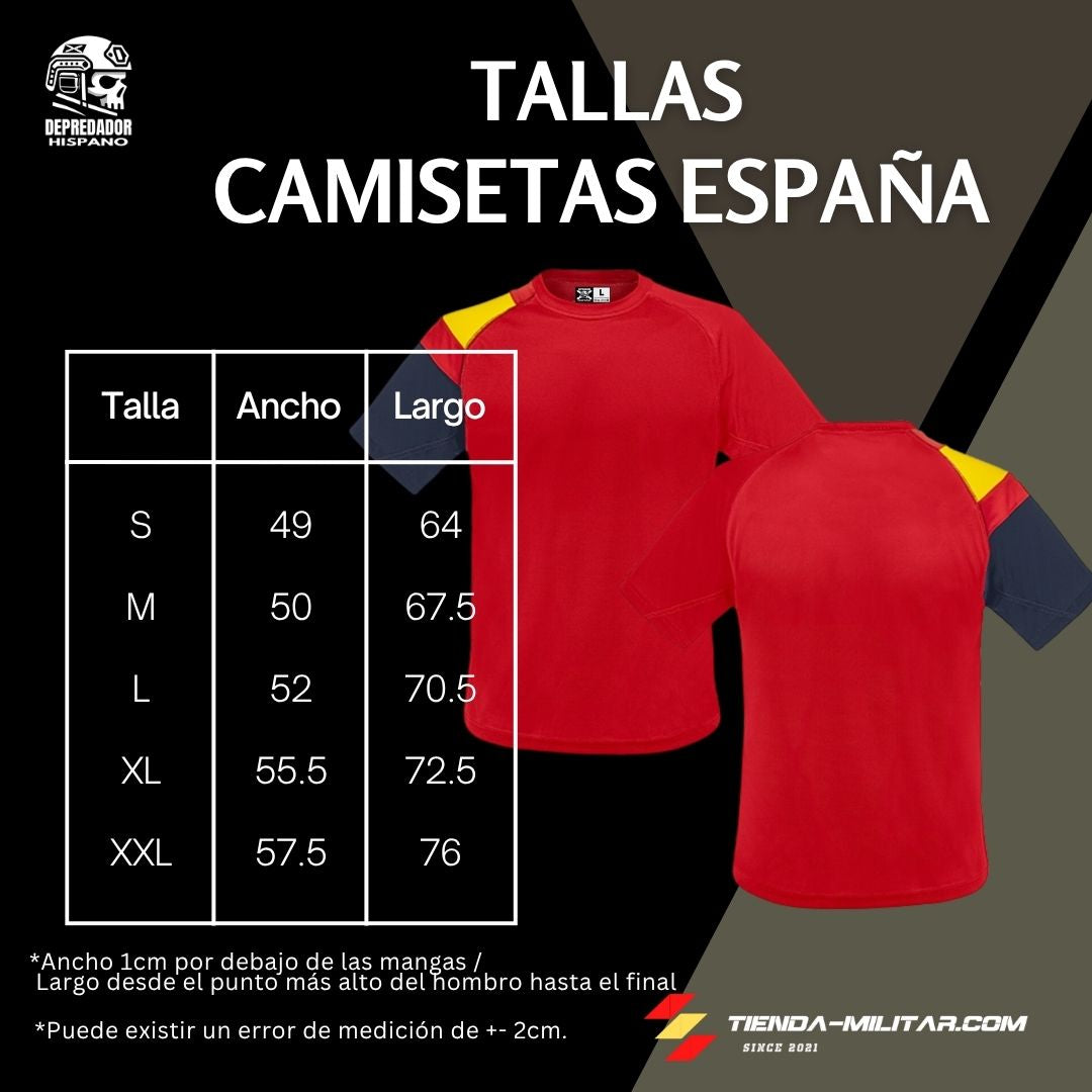 Guía de tallas de la camiseta técnica militar personalizada con bandera de España