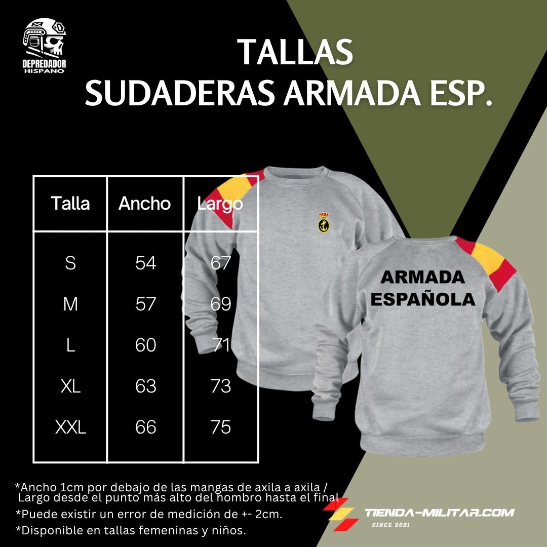 Guía de tallas de la sudadera militar Armada Española con bandera de España en el hombro