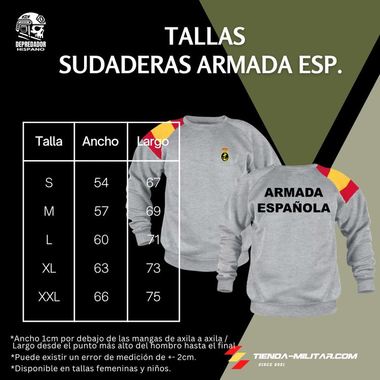 Guía de tallas de la sudadera militar Armada Española con bandera de España en el hombro