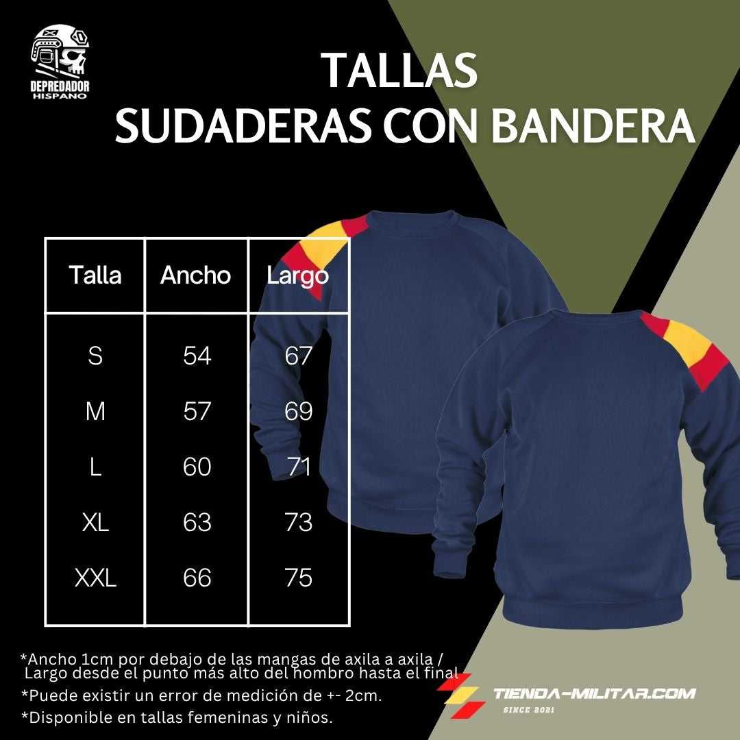 Tabla de tallas de la sudadera militar personalizada con bandera de España en el hombro