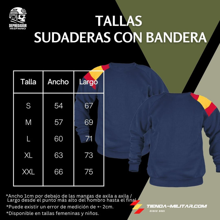 Tabla de tallas de la sudadera militar personalizada con bandera de España en el hombro