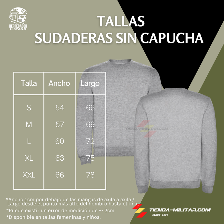 Guía de tallas de la Sudadera Militar Personalizada sin Capucha Depredador Hispano