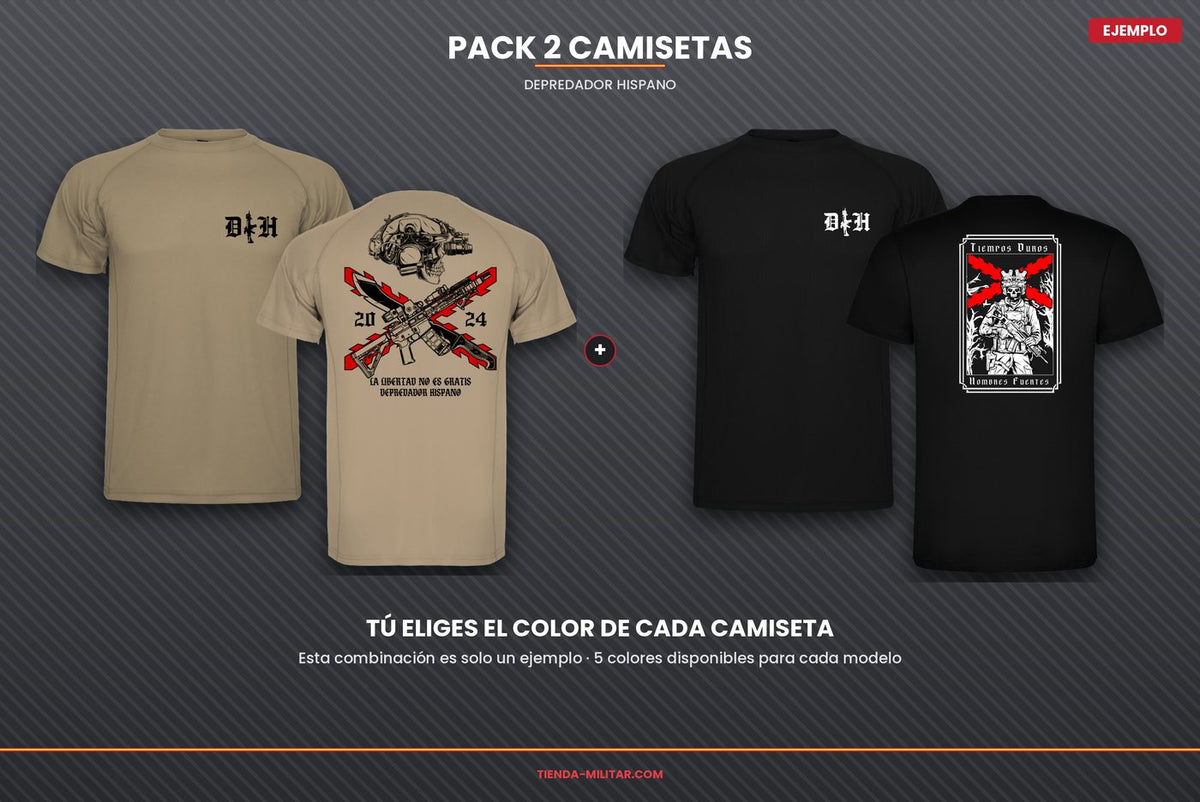 Pack de 2 camisetas militares Depredador Hispano: camiseta arena La Libertad No Es Gratis y camiseta negra Tiempos Duros Hombres Fuertes. Combinación de ejemplo, disponibles 5 colores a elegir para cada modelo del pack.